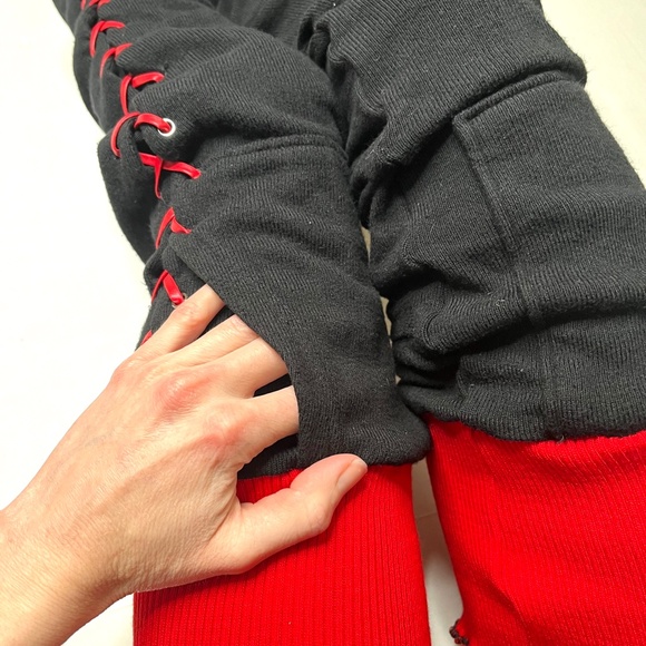 Red Corset Thigh Highs Black Lace Up Leg Warmers Over the Knee Socks Leggings OS - Picture 6 of 13